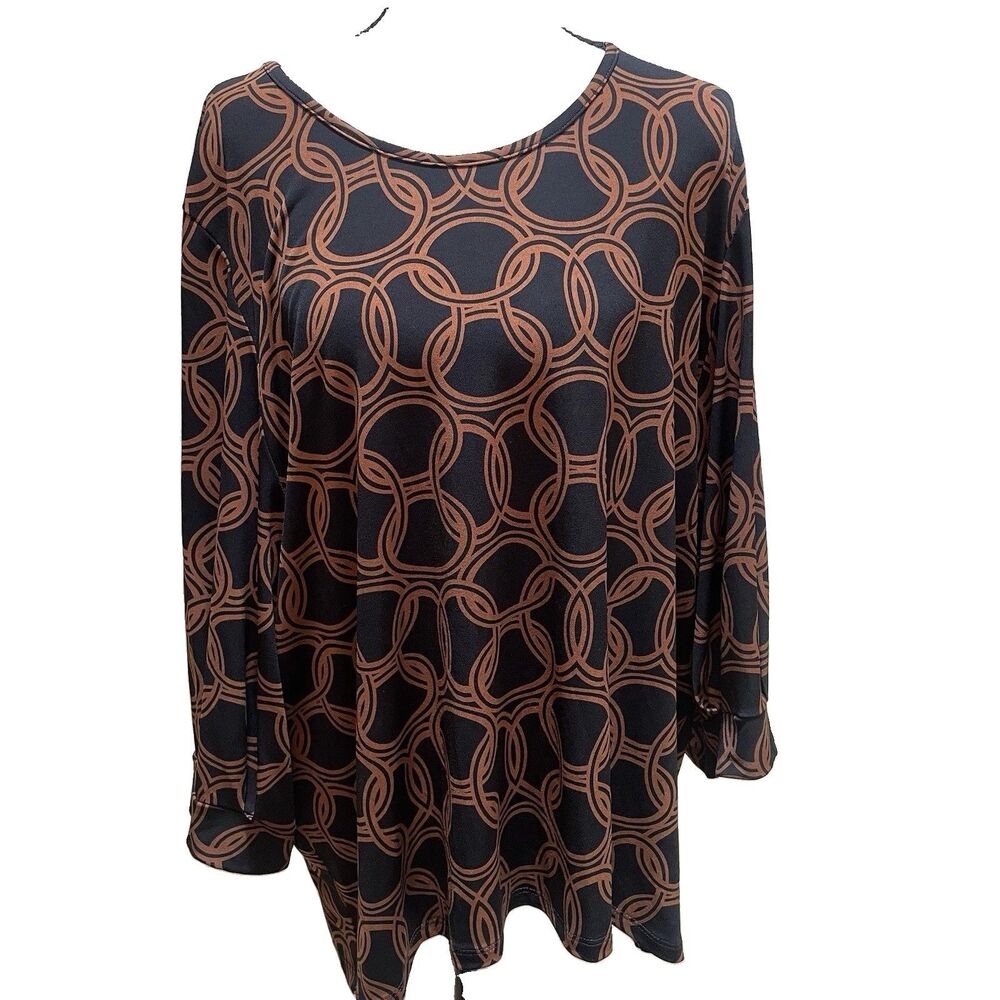 Joseph Ribkoff Tunic Blouse 18 Black Chestnut Chain Link Print Quiet Luxury Top